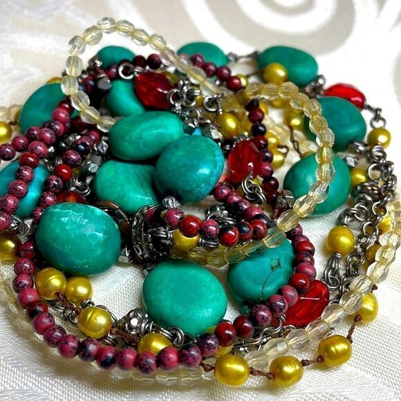 Multi-strand faux turquoise, red, yellow pearl, and neutral tone necklace - Picture 5 of 10